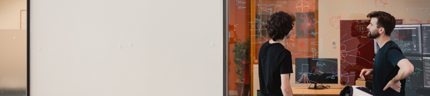 Two researchers examining physics equations